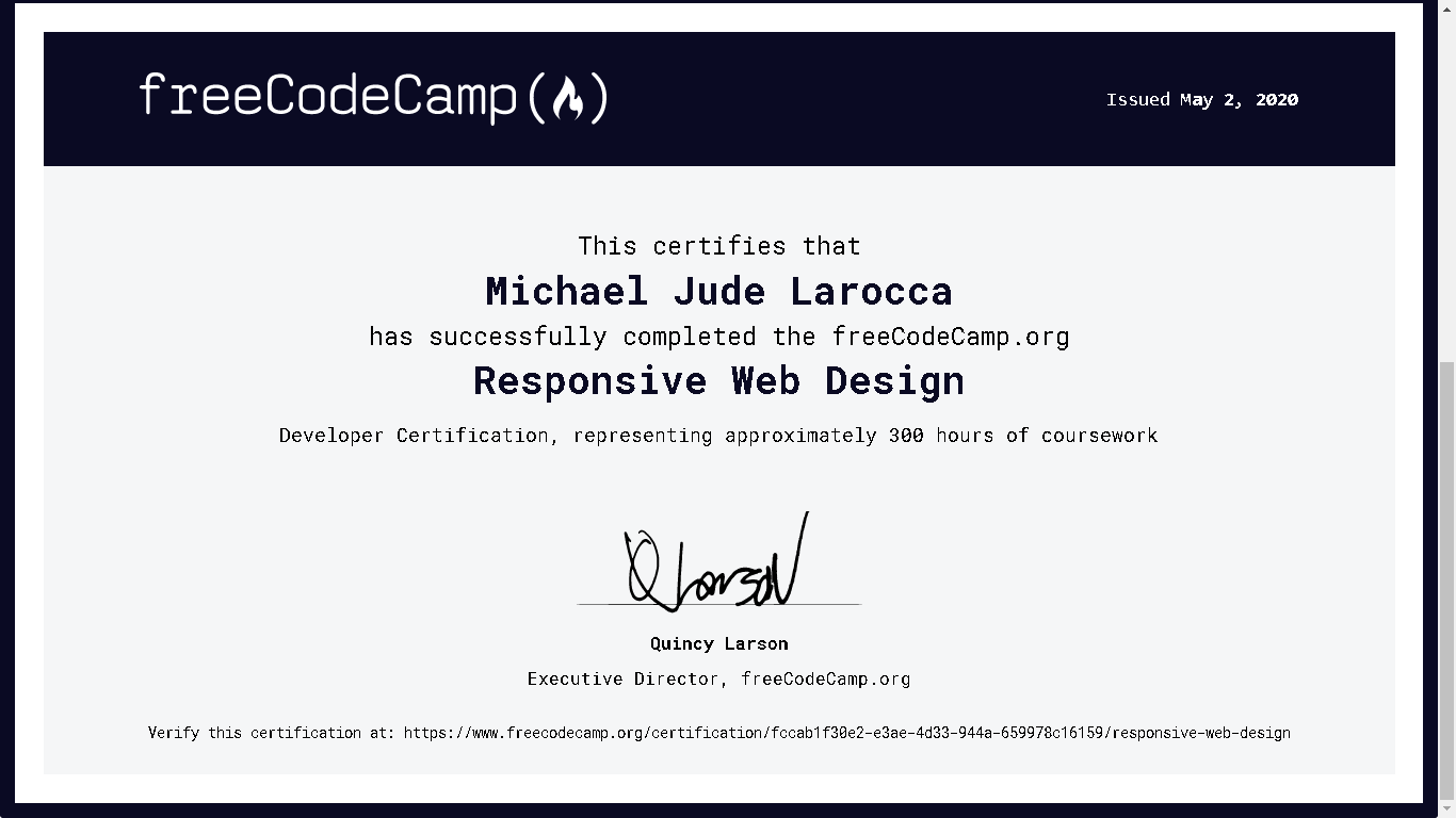 Michael's freeCodeCamp diploma